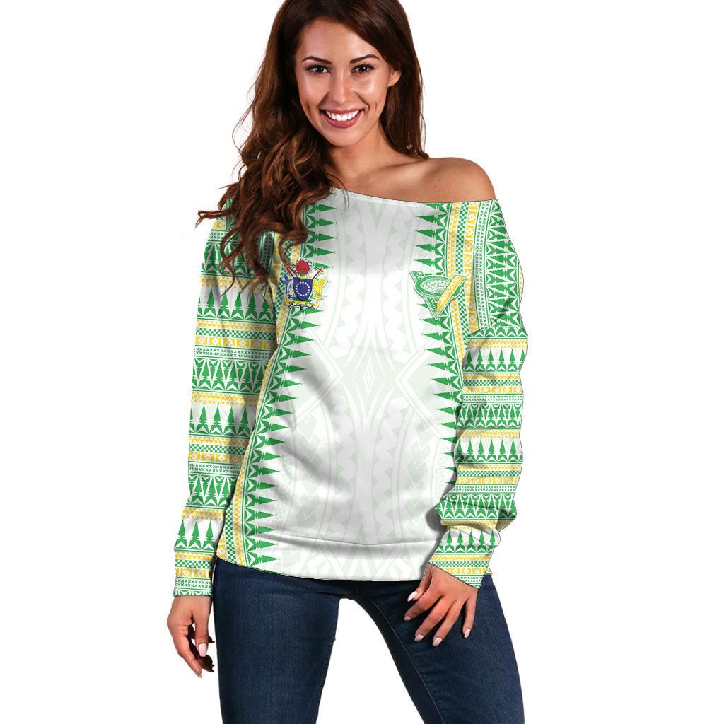Cook Islands Rugby Custom Off Shoulder Sweater Kuki Tribal Pattern White Version LT05 Women White - Polynesian Pride
