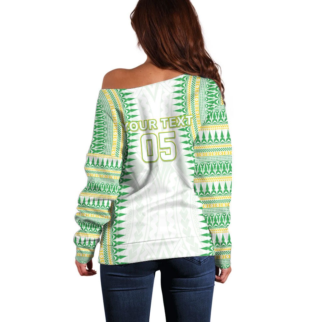 Cook Islands Rugby Custom Off Shoulder Sweater Kuki Tribal Pattern White Version LT05 - Polynesian Pride