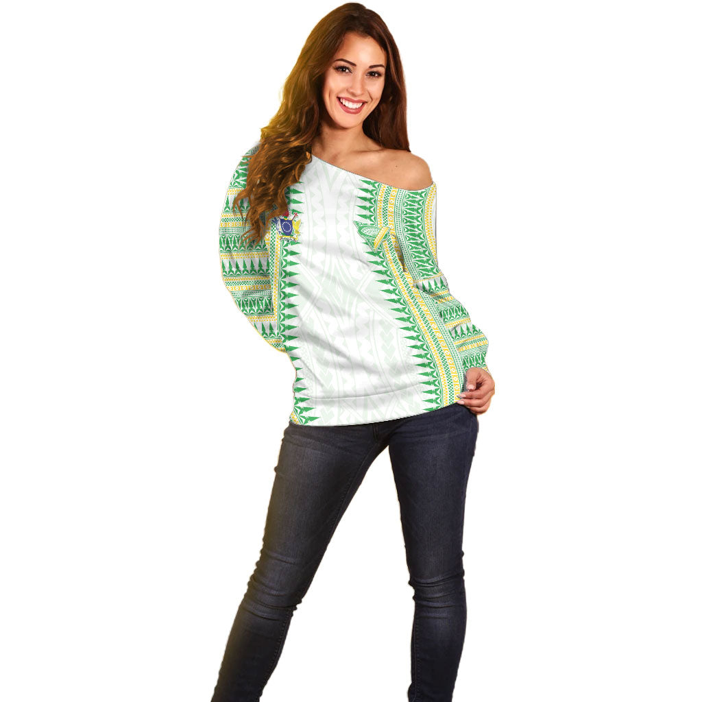 Cook Islands Rugby Custom Off Shoulder Sweater Kuki Tribal Pattern White Version LT05 - Polynesian Pride