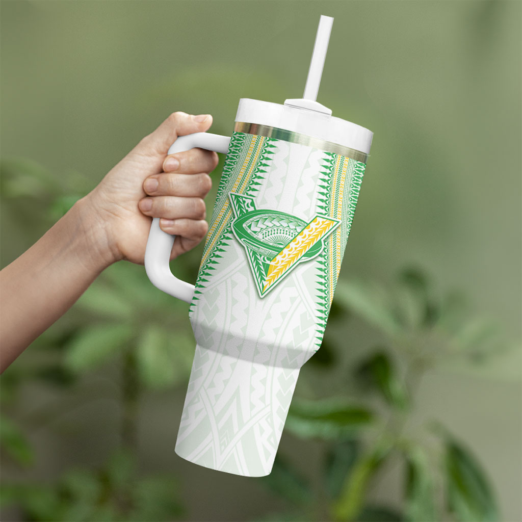 Cook Islands Rugby Custom Tumbler With Handle Kuki Tribal Pattern White Version LT05 - Polynesian Pride