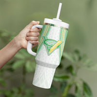 Cook Islands Rugby Custom Tumbler With Handle Kuki Tribal Pattern White Version LT05 - Polynesian Pride