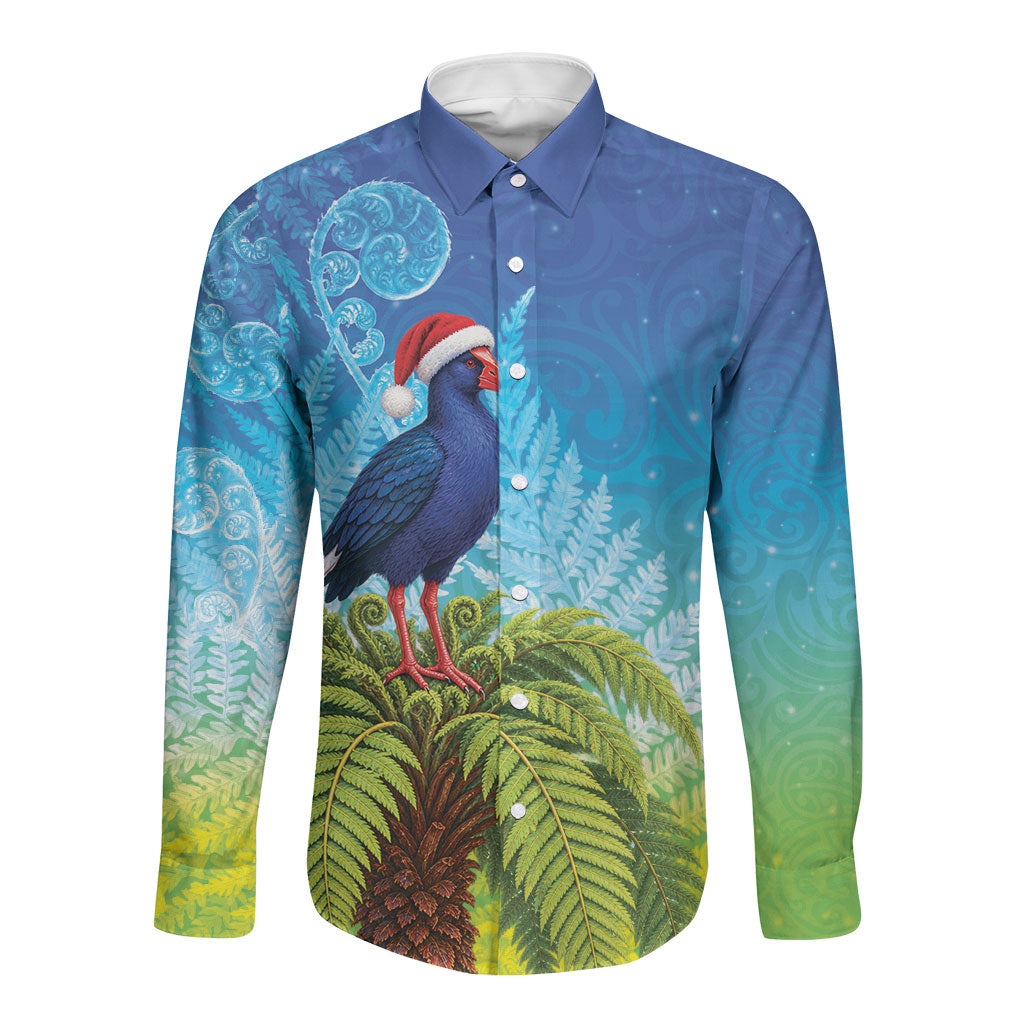 New Zealand Christmas Long Sleeve Button Shirt Pukeko With Ponga Tree Silver Fern LT05 Unisex Multicolor - Polynesian Pride