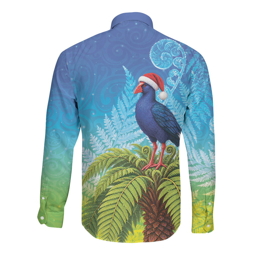 New Zealand Christmas Long Sleeve Button Shirt Pukeko With Ponga Tree Silver Fern LT05 - Polynesian Pride