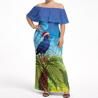 New Zealand Christmas Off Shoulder Maxi Dress Pukeko With Ponga Tree Silver Fern LT05 Women Multicolor - Polynesian Pride
