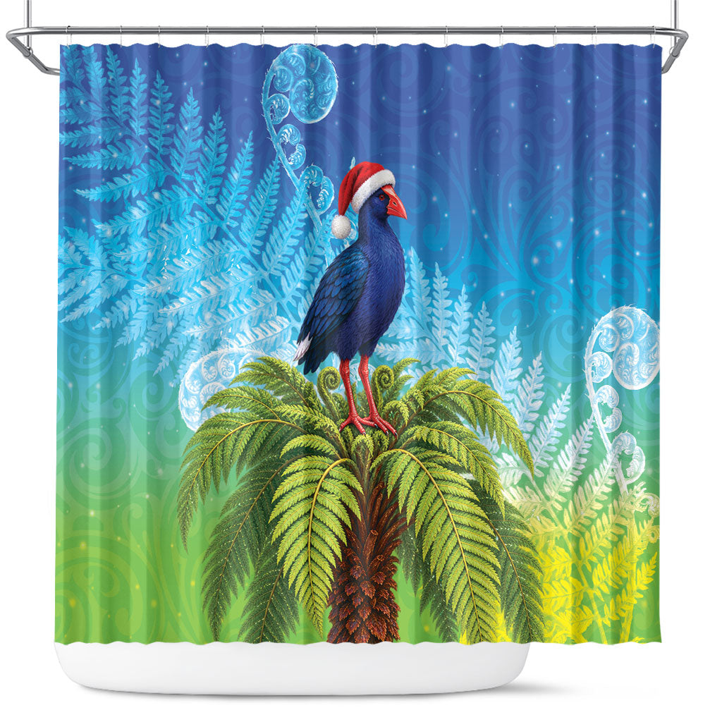 New Zealand Christmas Shower Curtain Pukeko With Ponga Tree Silver Fern LT05 Multicolor - Polynesian Pride