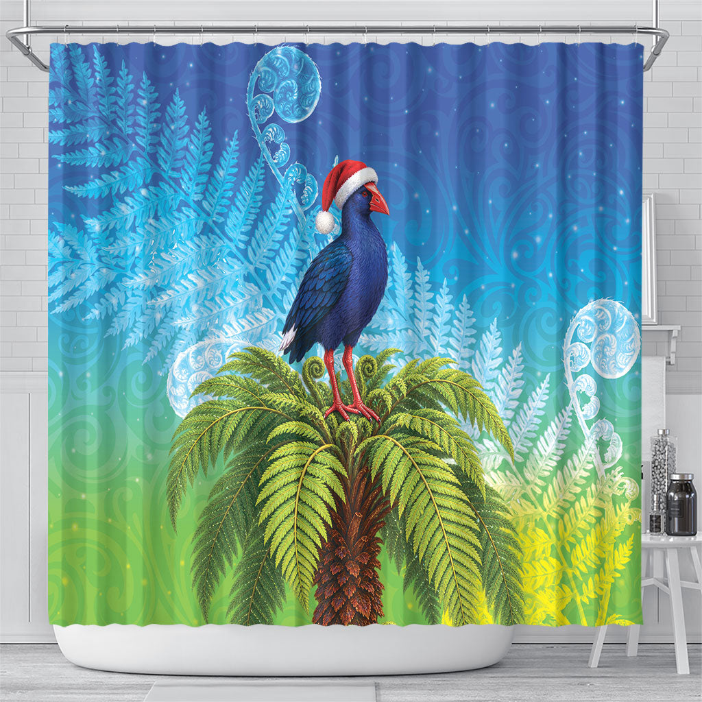 New Zealand Christmas Shower Curtain Pukeko With Ponga Tree Silver Fern LT05 - Polynesian Pride