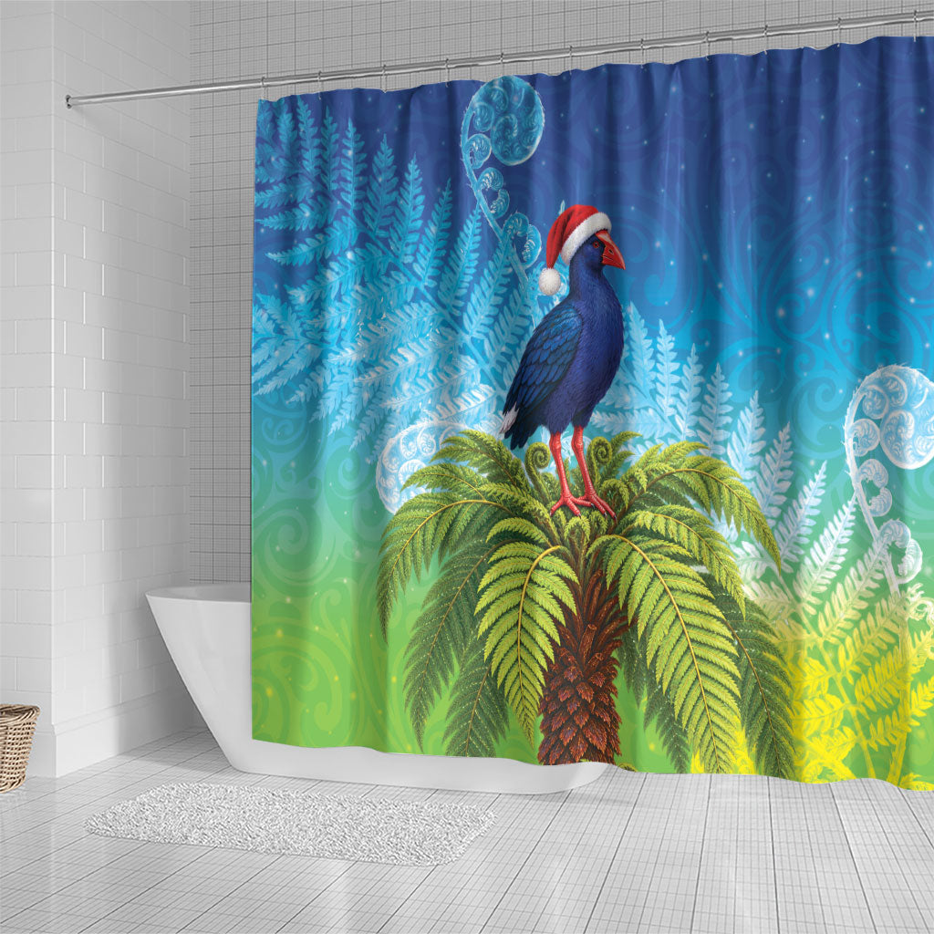 New Zealand Christmas Shower Curtain Pukeko With Ponga Tree Silver Fern LT05 - Polynesian Pride