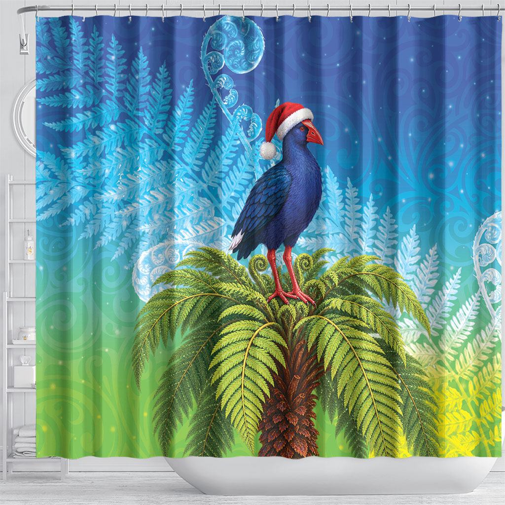 New Zealand Christmas Shower Curtain Pukeko With Ponga Tree Silver Fern LT05 - Polynesian Pride