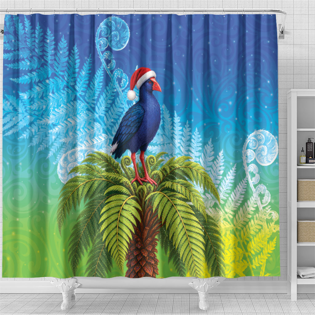 New Zealand Christmas Shower Curtain Pukeko With Ponga Tree Silver Fern LT05 - Polynesian Pride