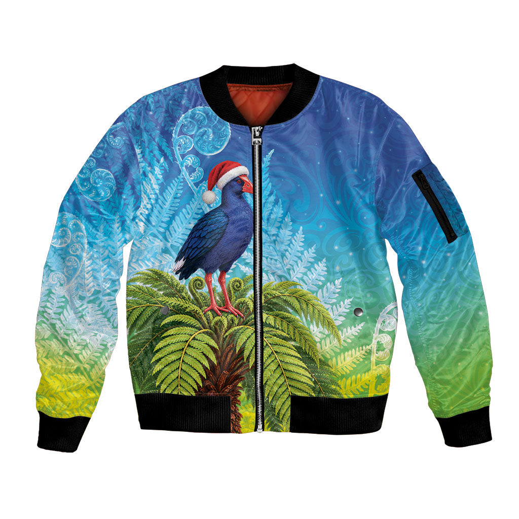 New Zealand Christmas Sleeve Zip Bomber Jacket Pukeko With Ponga Tree Silver Fern LT05 Unisex Multicolor - Polynesian Pride
