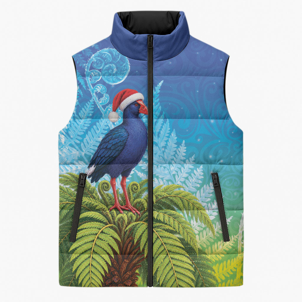 New Zealand Christmas Sleeveless Puffer Jacket Pukeko With Ponga Tree Silver Fern LT05 Unisex Multicolor - Polynesian Pride