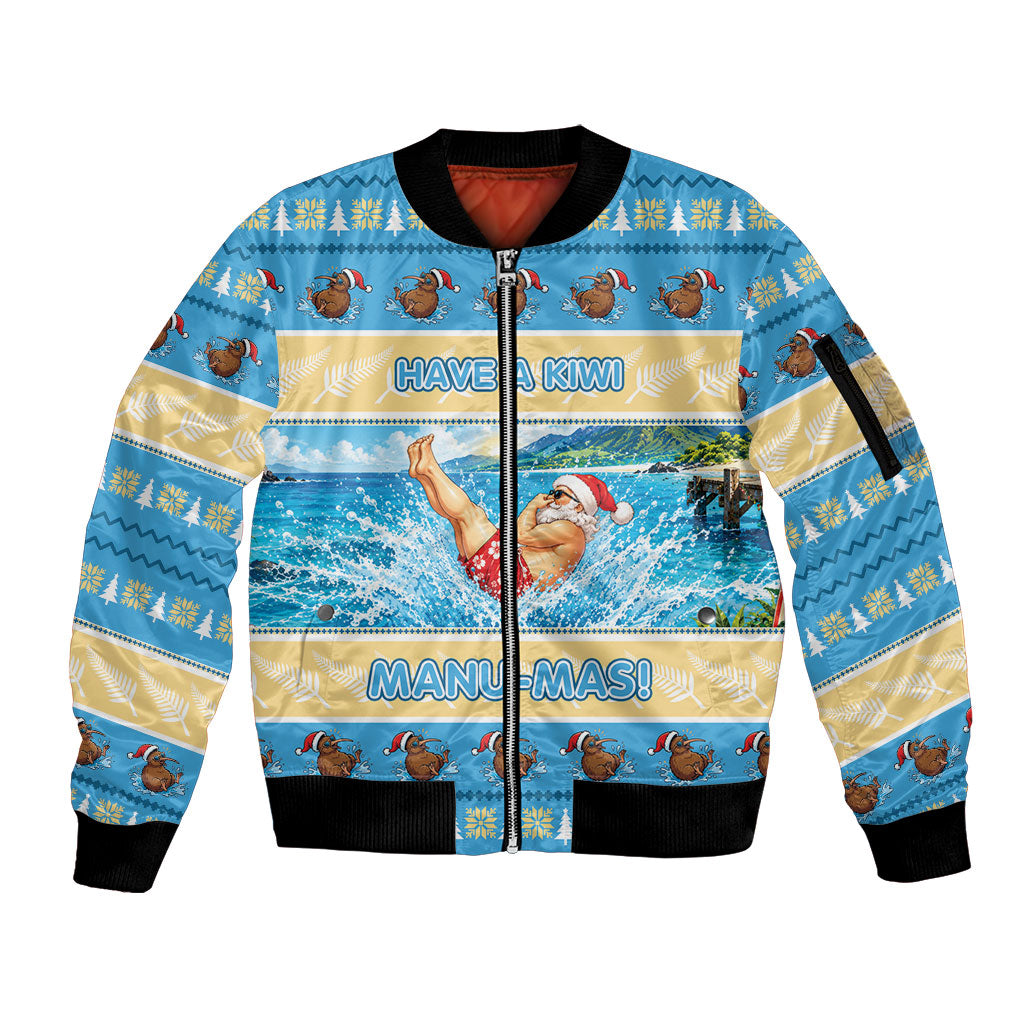 New Zealand Christmas Sleeve Zip Bomber Jacket Have A Kiwi Manu-Mas LT05 Unisex Blue - Polynesian Pride
