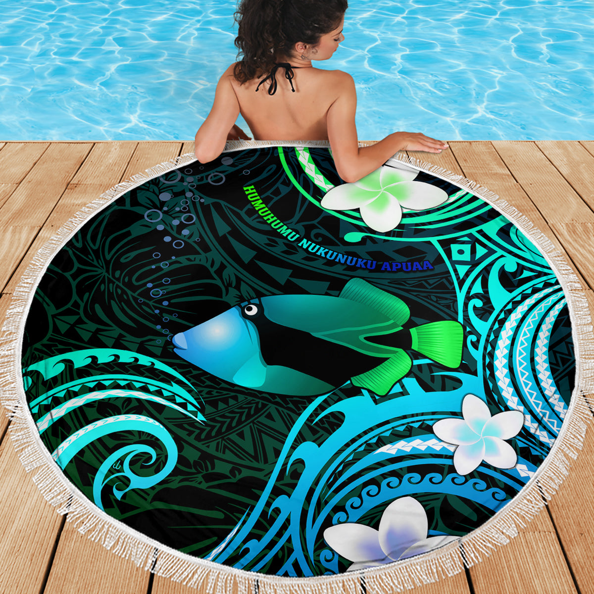 Hawaii Humuhumu Reef Triggerfish Beach Blanket Turquoise With Plumeria LT05 - Polynesian Pride