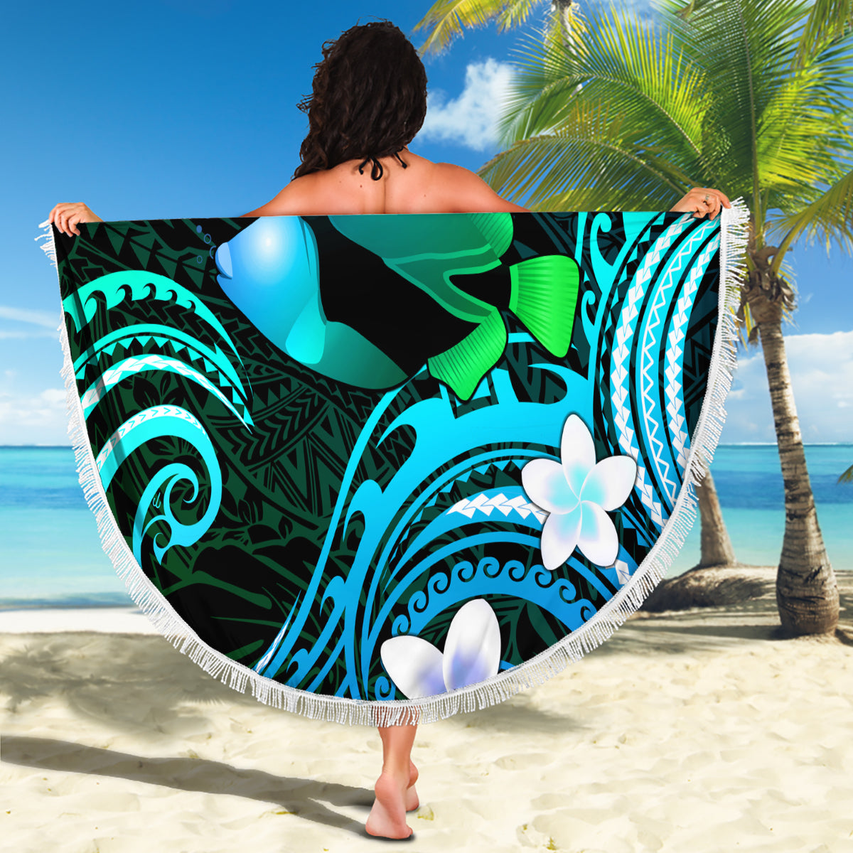 Hawaii Humuhumu Reef Triggerfish Beach Blanket Turquoise With Plumeria LT05 - Polynesian Pride