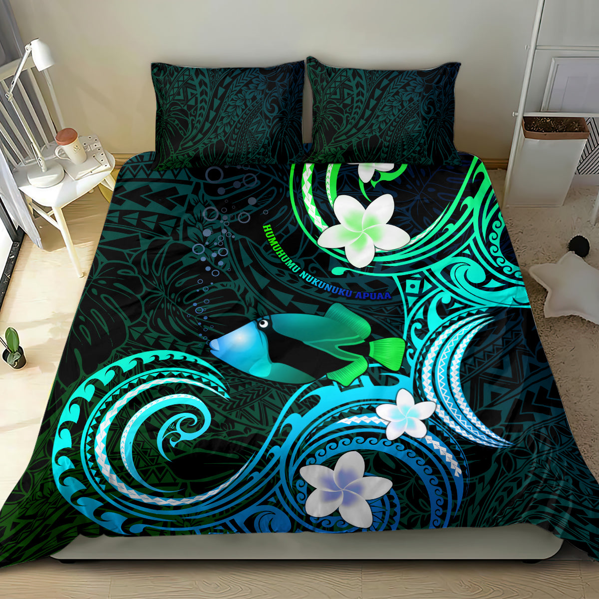 Hawaii Humuhumu Reef Triggerfish Bedding Set Turquoise With Plumeria LT05 - Polynesian Pride