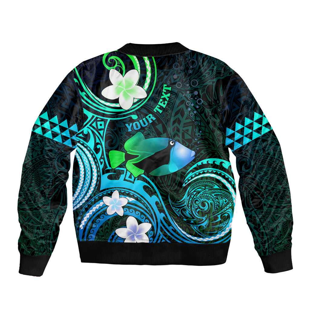 Personalised Hawaii Humuhumu Reef Triggerfish Bomber Jacket Turquoise With Plumeria LT05 - Polynesian Pride