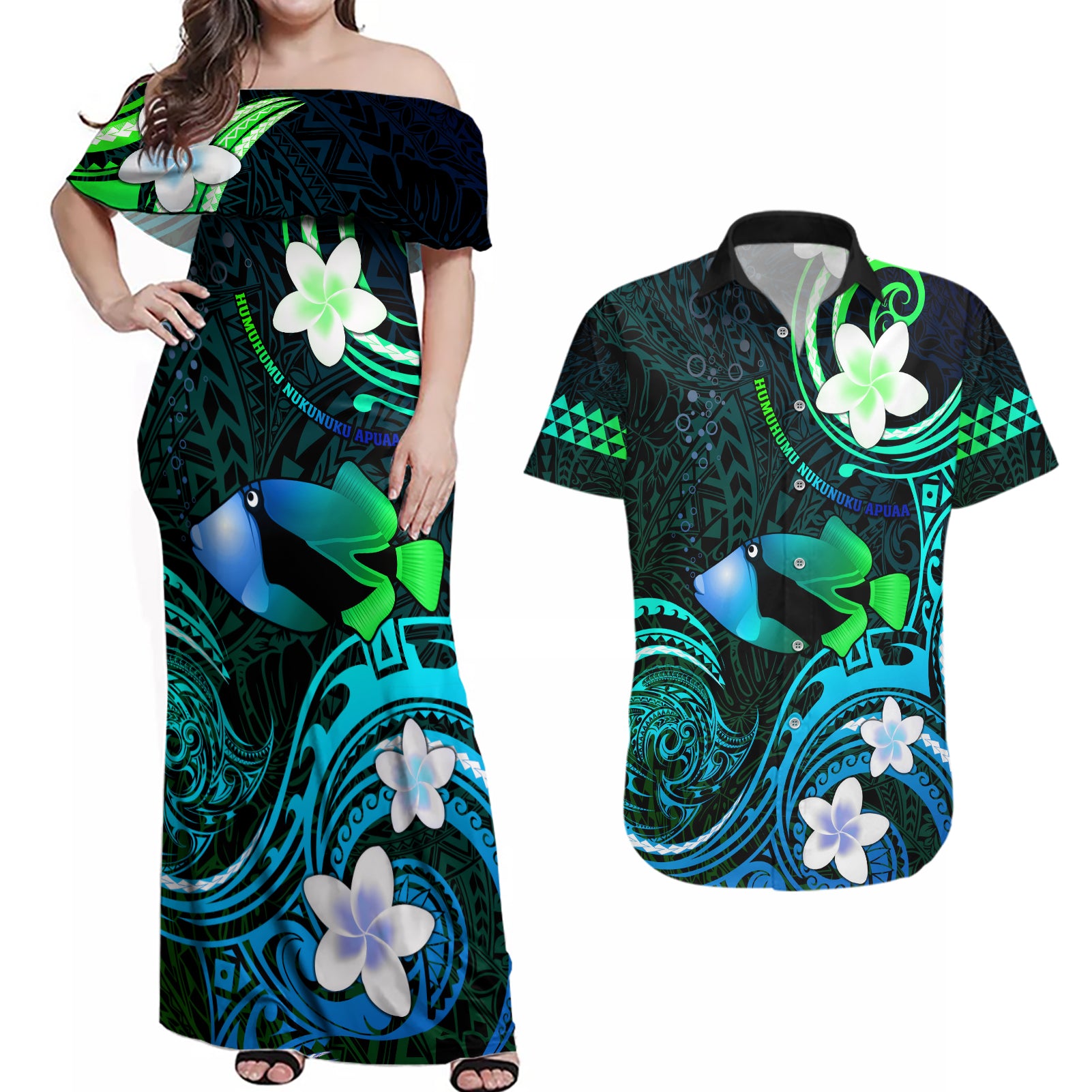 Personalised Hawaii Humuhumu Reef Triggerfish Couples Matching Off Shoulder Maxi Dress and Hawaiian Shirt Turquoise With Plumeria LT05 Turquoise - Polynesian Pride