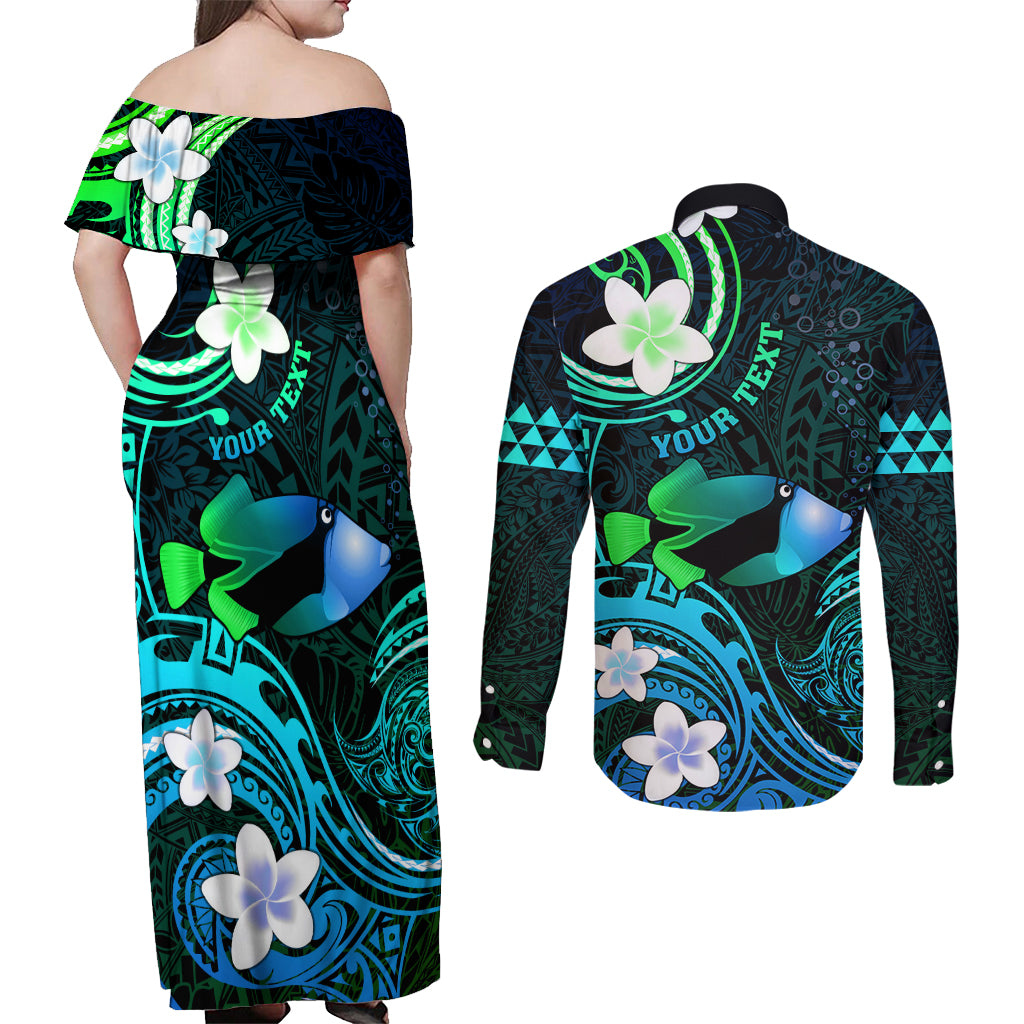 Personalised Hawaii Humuhumu Reef Triggerfish Couples Matching Off Shoulder Maxi Dress and Long Sleeve Button Shirt Turquoise With Plumeria LT05 - Polynesian Pride
