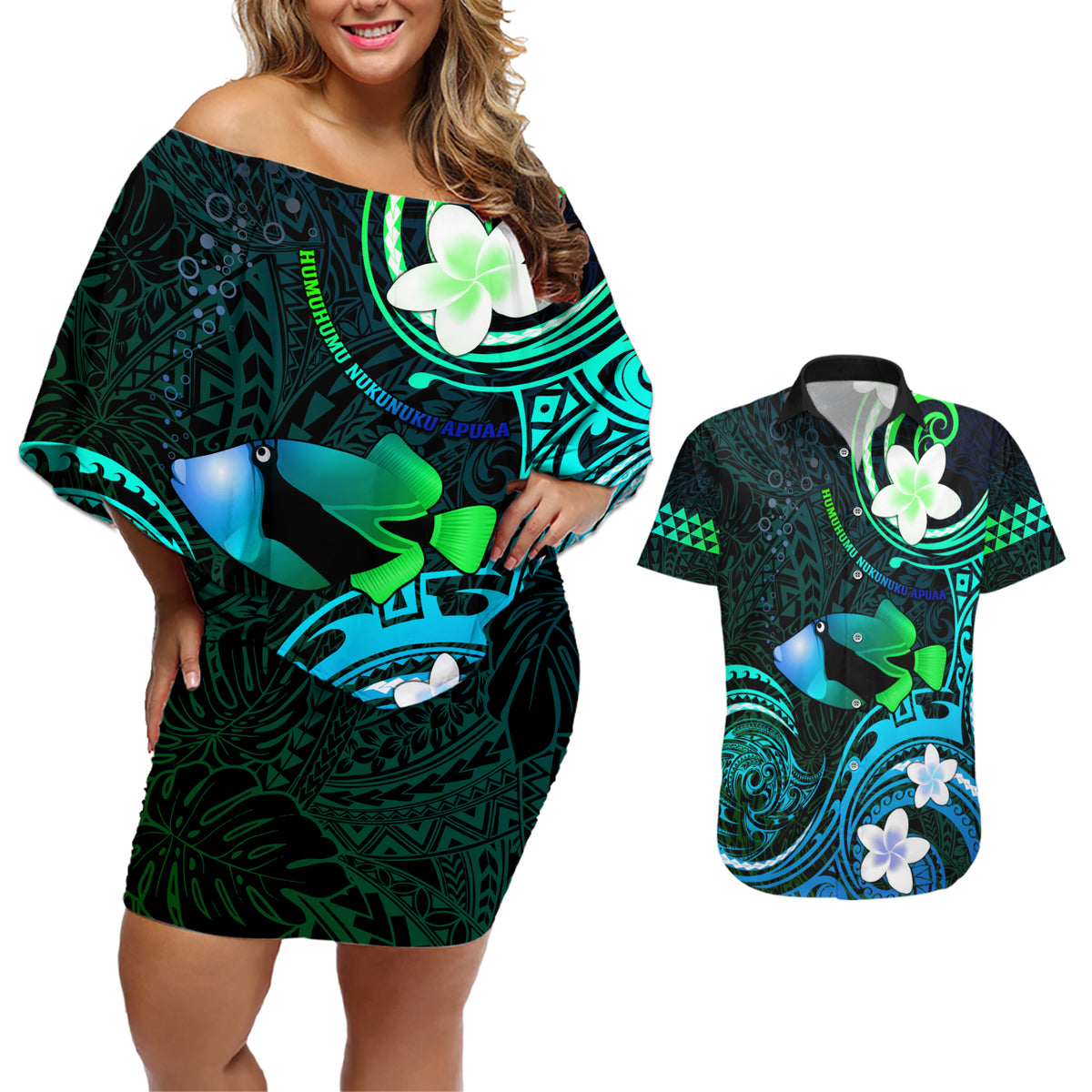 Personalised Hawaii Humuhumu Reef Triggerfish Couples Matching Off Shoulder Short Dress and Hawaiian Shirt Turquoise With Plumeria LT05 Turquoise - Polynesian Pride
