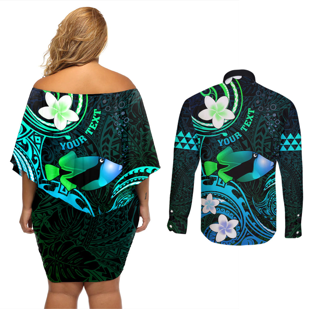 Personalised Hawaii Humuhumu Reef Triggerfish Couples Matching Off Shoulder Short Dress and Long Sleeve Button Shirt Turquoise With Plumeria LT05 - Polynesian Pride