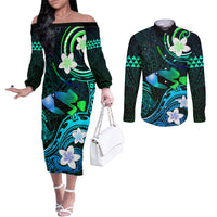 Personalised Hawaii Humuhumu Reef Triggerfish Couples Matching Off The Shoulder Long Sleeve Dress and Long Sleeve Button Shirt Turquoise With Plumeria LT05 Turquoise - Polynesian Pride