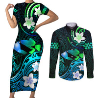 Personalised Hawaii Humuhumu Reef Triggerfish Couples Matching Short Sleeve Bodycon Dress and Long Sleeve Button Shirt Turquoise With Plumeria LT05 Turquoise - Polynesian Pride