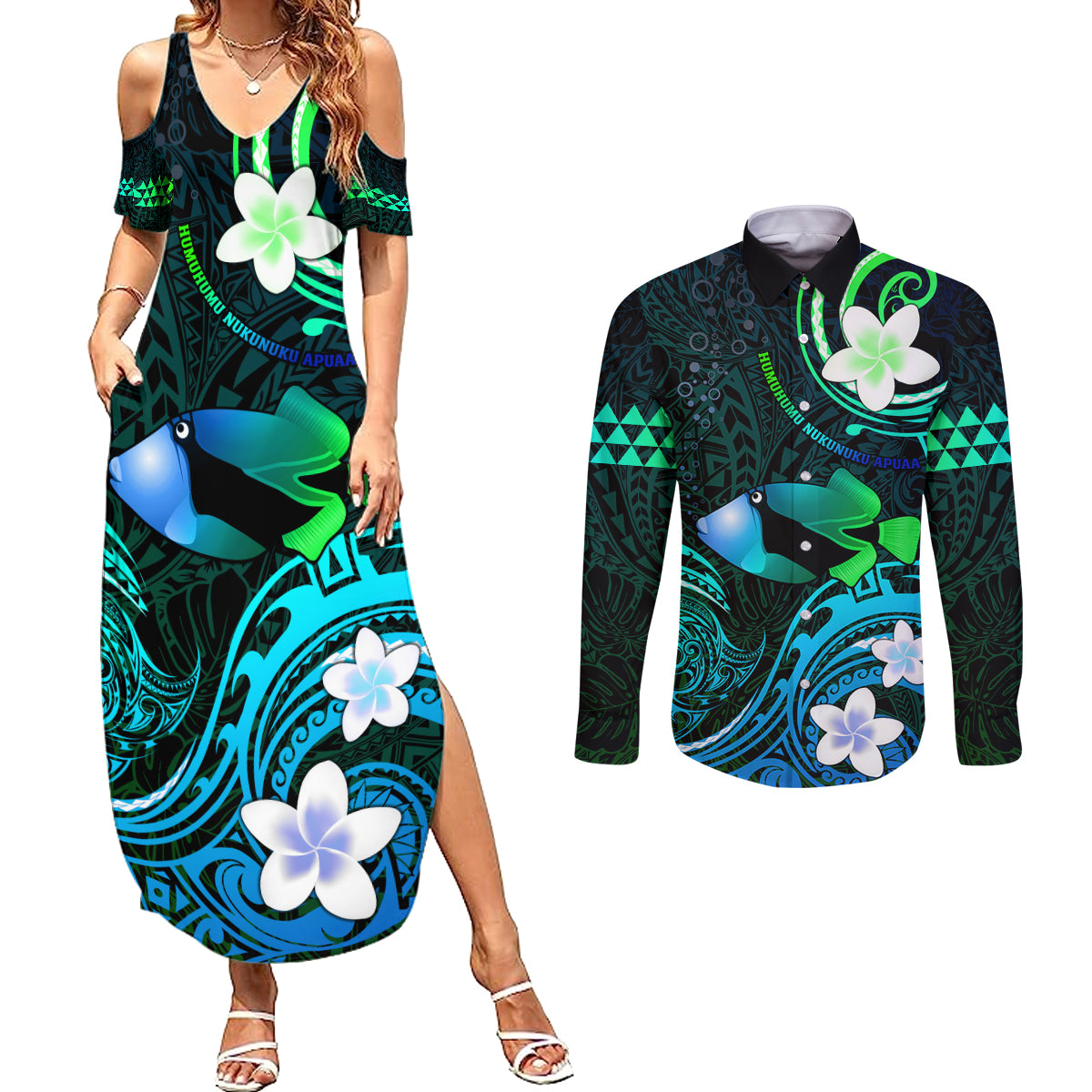 Personalised Hawaii Humuhumu Reef Triggerfish Couples Matching Summer Maxi Dress and Long Sleeve Button Shirt Turquoise With Plumeria LT05 Turquoise - Polynesian Pride