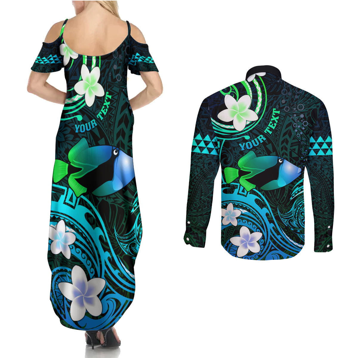 Personalised Hawaii Humuhumu Reef Triggerfish Couples Matching Summer Maxi Dress and Long Sleeve Button Shirt Turquoise With Plumeria LT05 - Polynesian Pride