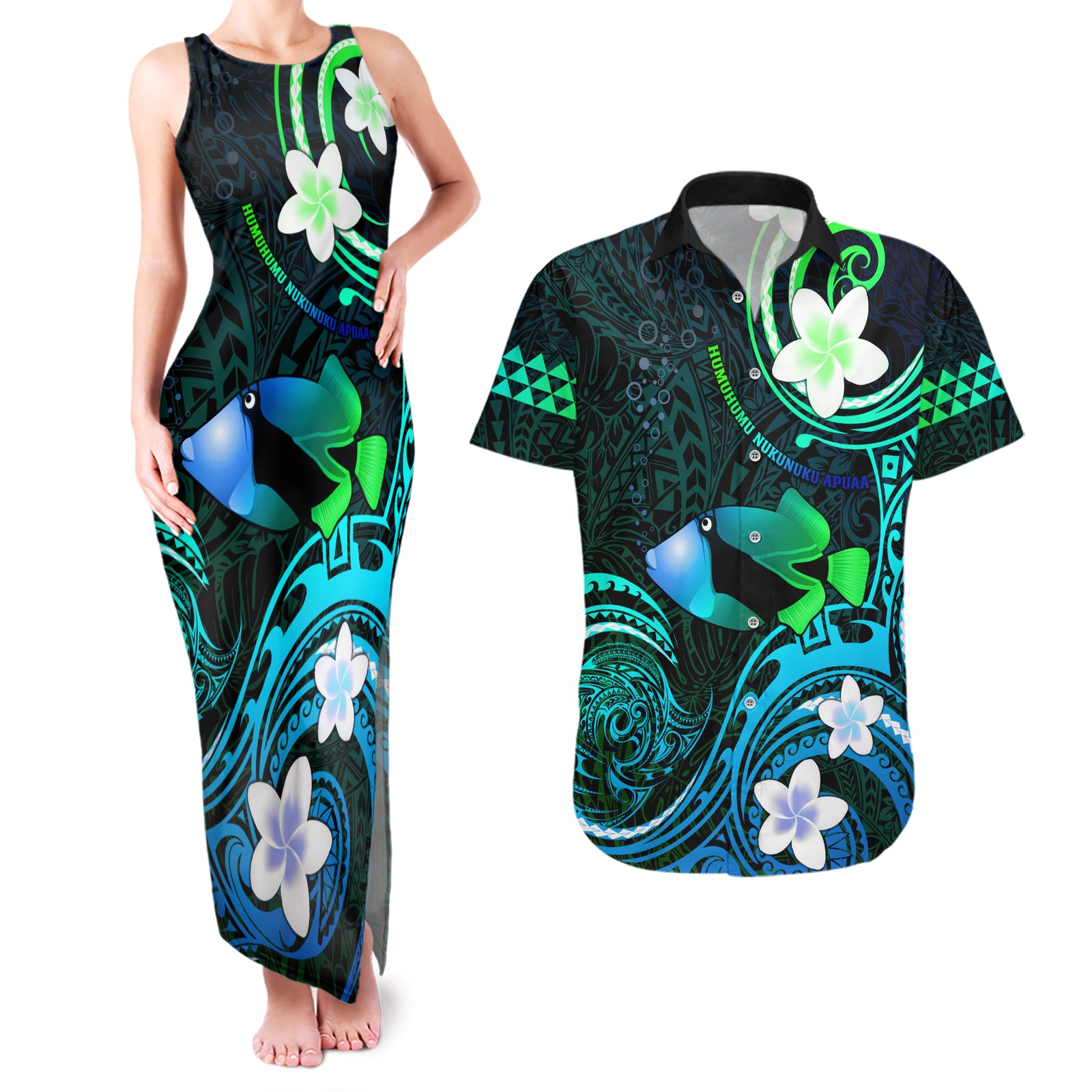 Personalised Hawaii Humuhumu Reef Triggerfish Couples Matching Tank Maxi Dress and Hawaiian Shirt Turquoise With Plumeria LT05 Turquoise - Polynesian Pride