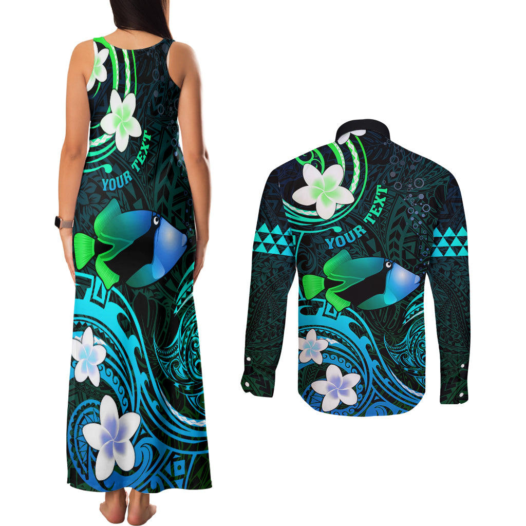 Personalised Hawaii Humuhumu Reef Triggerfish Couples Matching Tank Maxi Dress and Long Sleeve Button Shirt Turquoise With Plumeria LT05 - Polynesian Pride