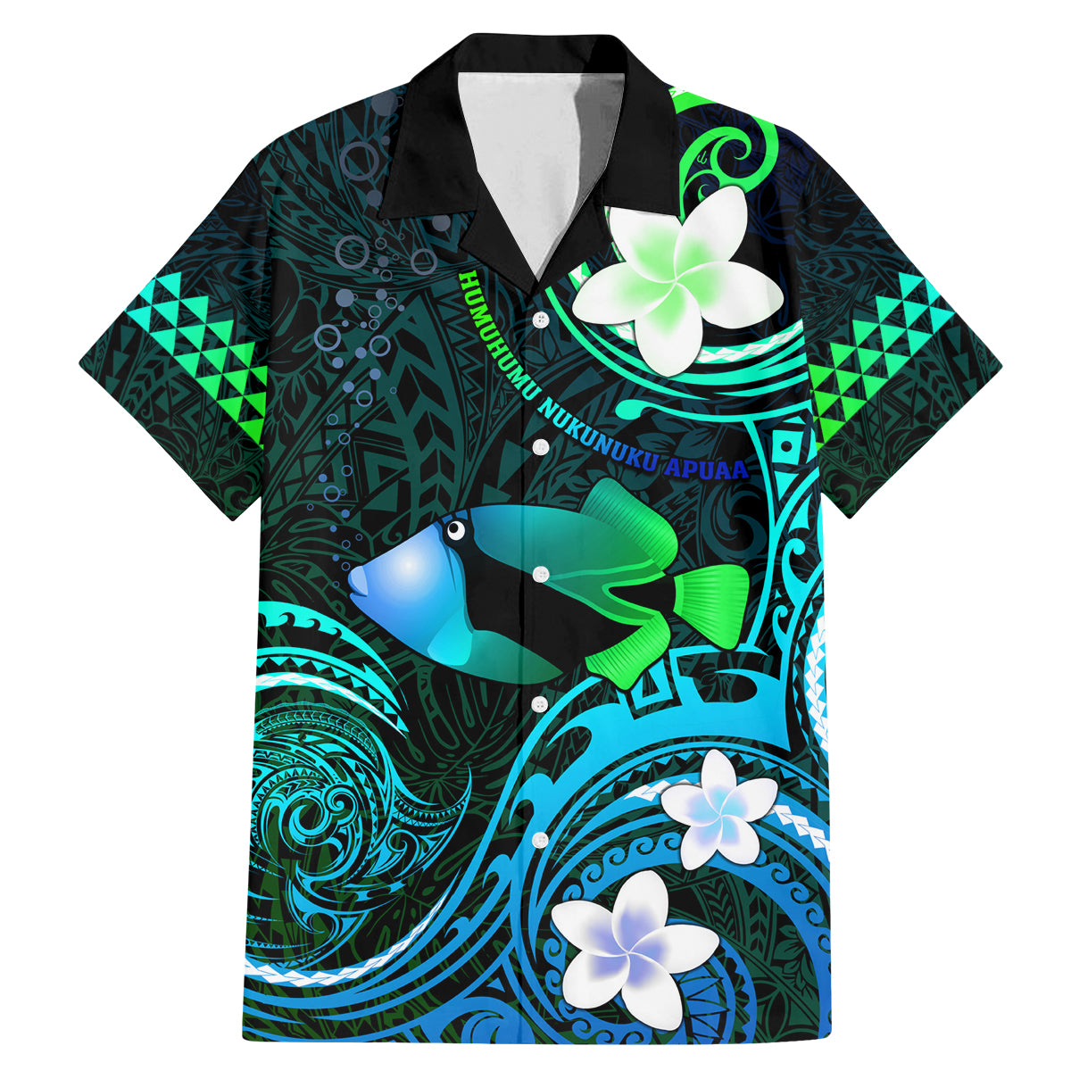 Personalised Hawaii Humuhumu Reef Triggerfish Family Matching Mermaid Dress and Hawaiian Shirt Turquoise With Plumeria LT05 Dad's Shirt - Short Sleeve Turquoise - Polynesian Pride