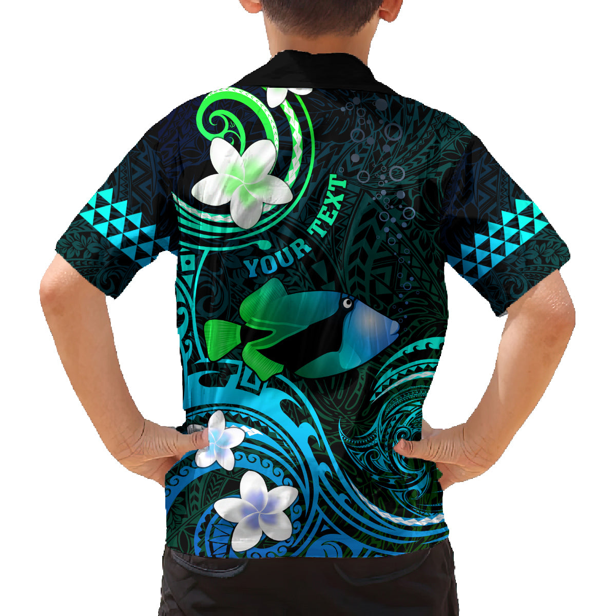 Personalised Hawaii Humuhumu Reef Triggerfish Family Matching Off Shoulder Maxi Dress and Hawaiian Shirt Turquoise With Plumeria LT05 - Polynesian Pride