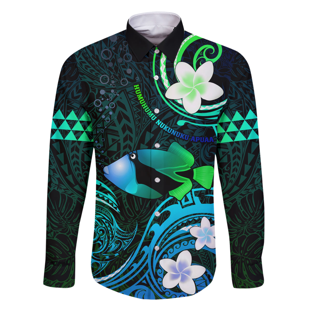 Personalised Hawaii Humuhumu Reef Triggerfish Family Matching Short Sleeve Bodycon Dress and Hawaiian Shirt Turquoise With Plumeria LT05 Dad's Shirt - Long Sleeve Turquoise - Polynesian Pride