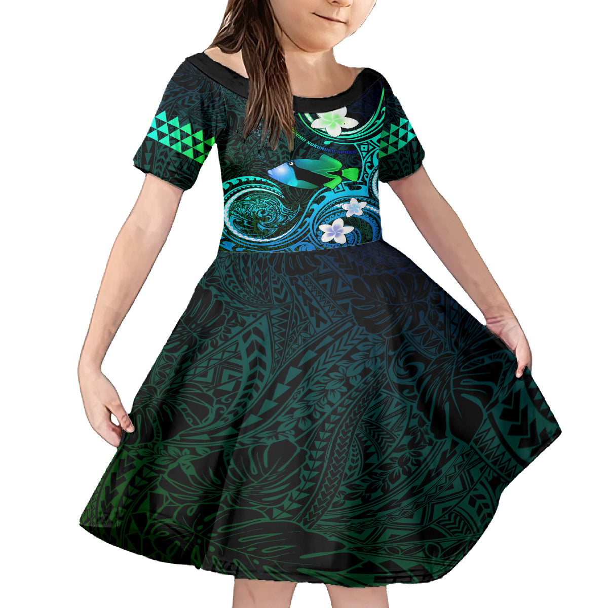 Personalised Hawaii Humuhumu Reef Triggerfish Family Matching Tank Maxi Dress and Hawaiian Shirt Turquoise With Plumeria LT05 Daughter's Dress Turquoise - Polynesian Pride