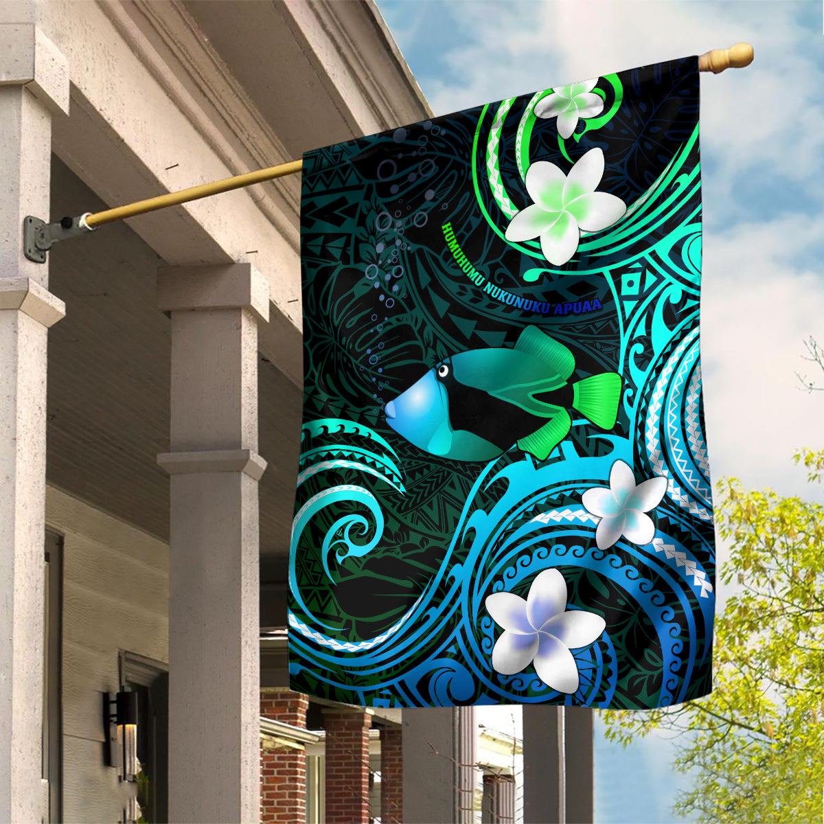 Hawaii Humuhumu Reef Triggerfish Garden Flag Turquoise With Plumeria LT05 House Flag Turquoise - Polynesian Pride