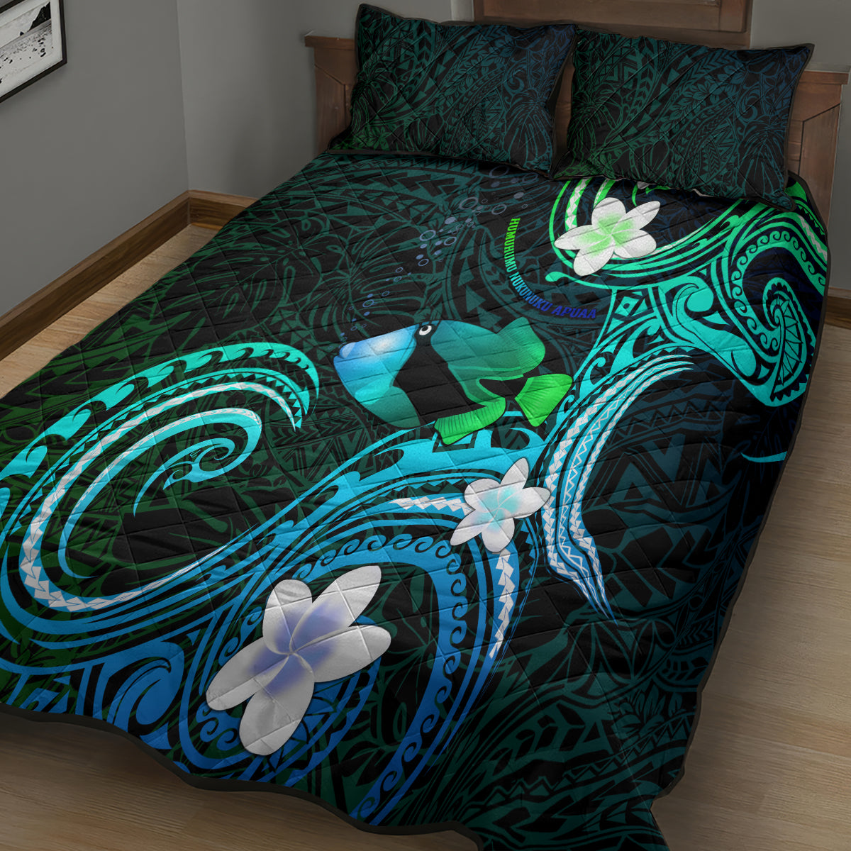 Hawaii Humuhumu Reef Triggerfish Quilt Bed Set Turquoise With Plumeria LT05 - Polynesian Pride