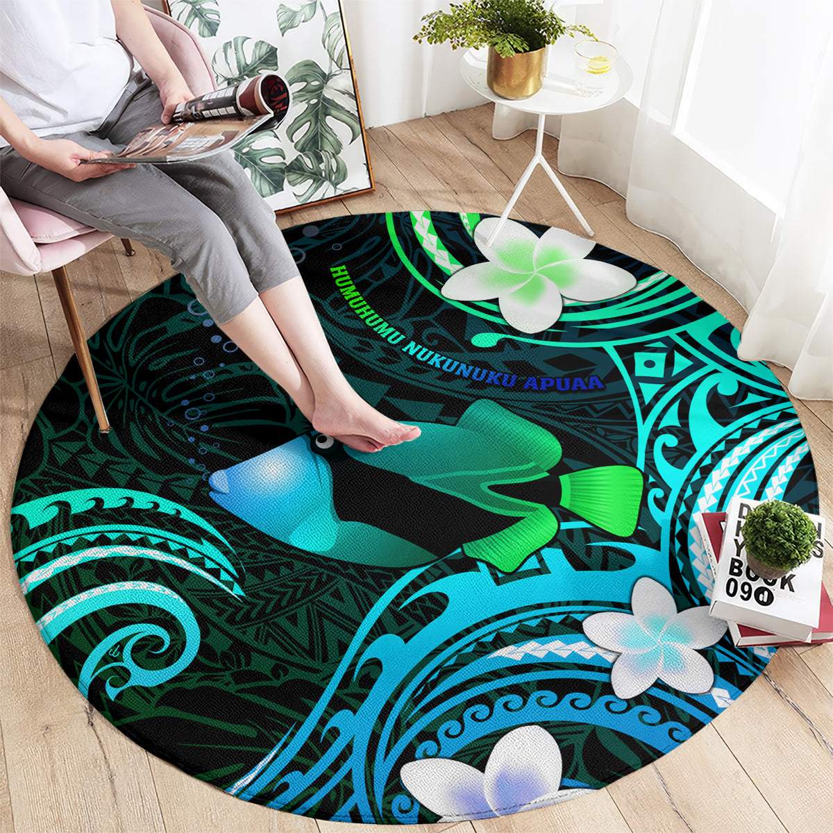 Hawaii Humuhumu Reef Triggerfish Round Carpet Turquoise With Plumeria LT05 - Polynesian Pride