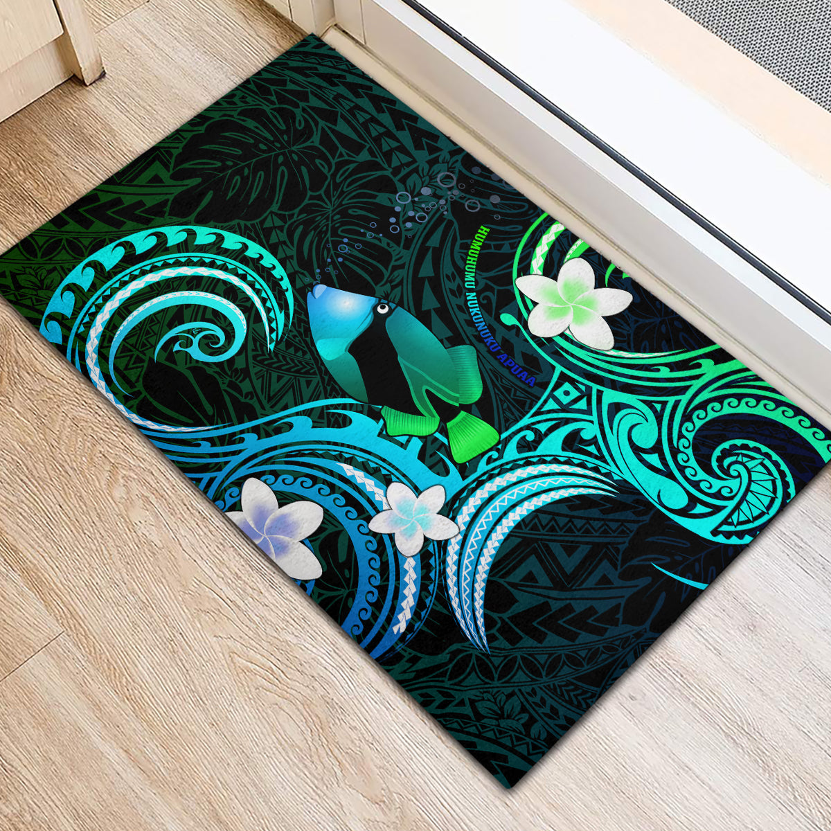 Hawaii Humuhumu Reef Triggerfish Rubber Doormat Turquoise With Plumeria LT05 - Polynesian Pride