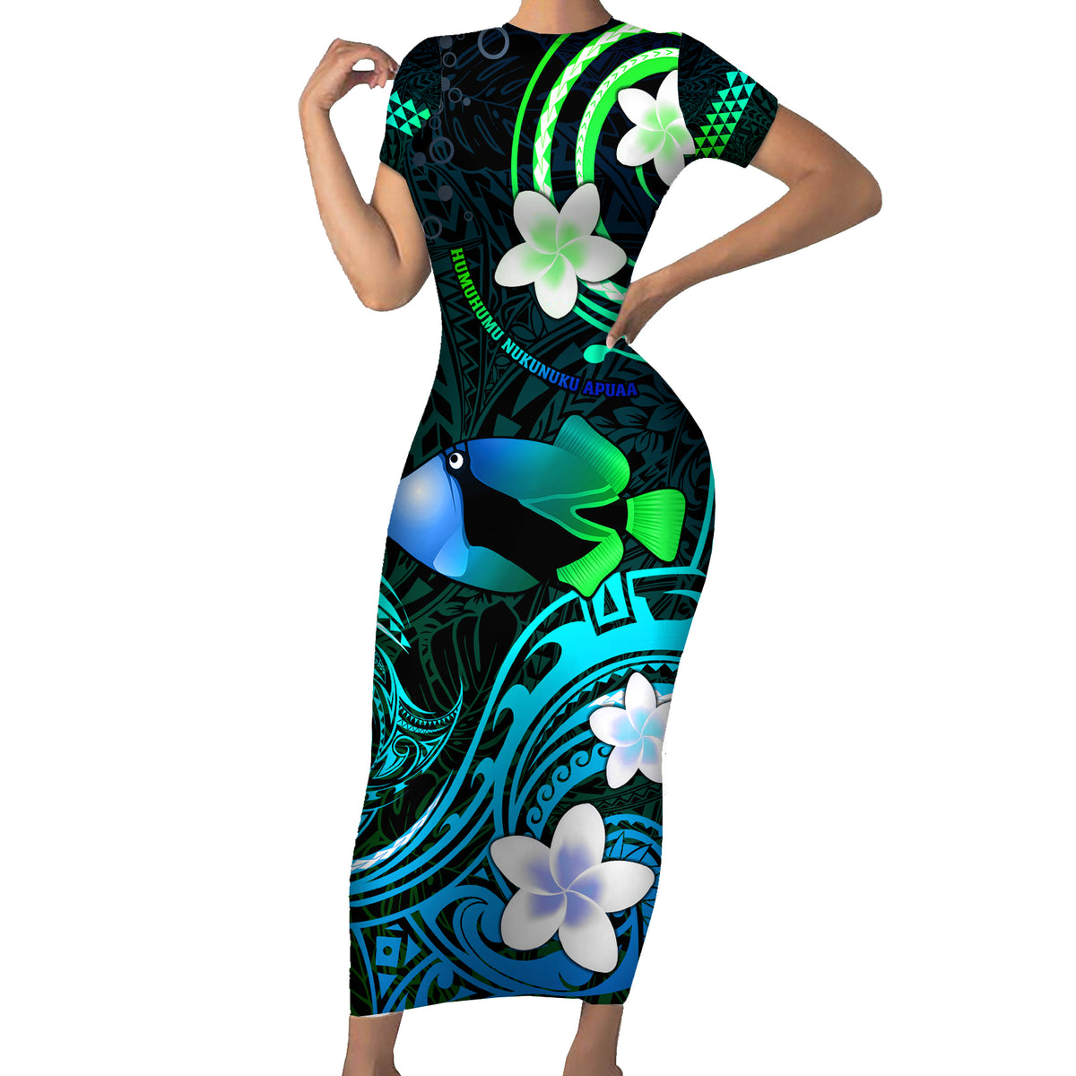 Personalised Hawaii Humuhumu Reef Triggerfish Short Sleeve Bodycon Dress Turquoise With Plumeria LT05 Long Dress Turquoise - Polynesian Pride