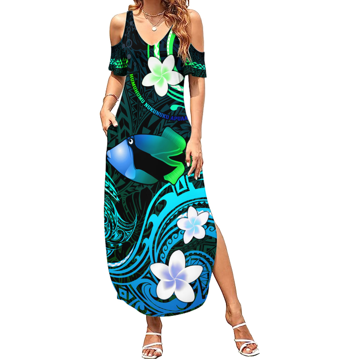 Personalised Hawaii Humuhumu Reef Triggerfish Summer Maxi Dress Turquoise With Plumeria LT05 Women Turquoise - Polynesian Pride