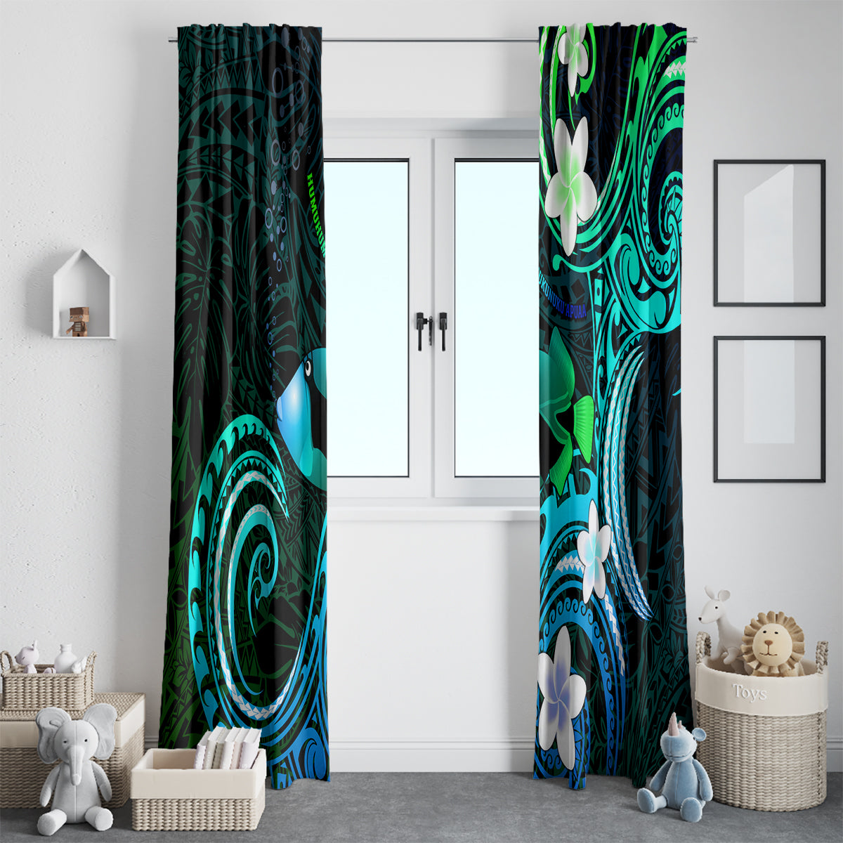 Hawaii Humuhumu Reef Triggerfish Window Curtain Turquoise With Plumeria LT05 - Polynesian Pride