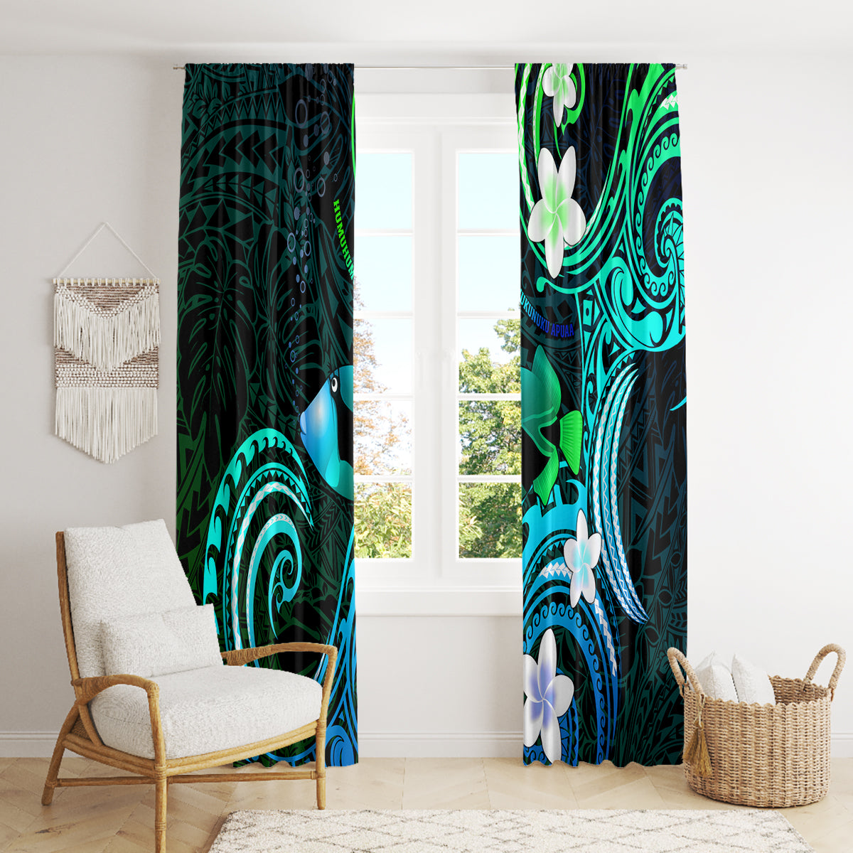 Hawaii Humuhumu Reef Triggerfish Window Curtain Turquoise With Plumeria LT05 - Polynesian Pride