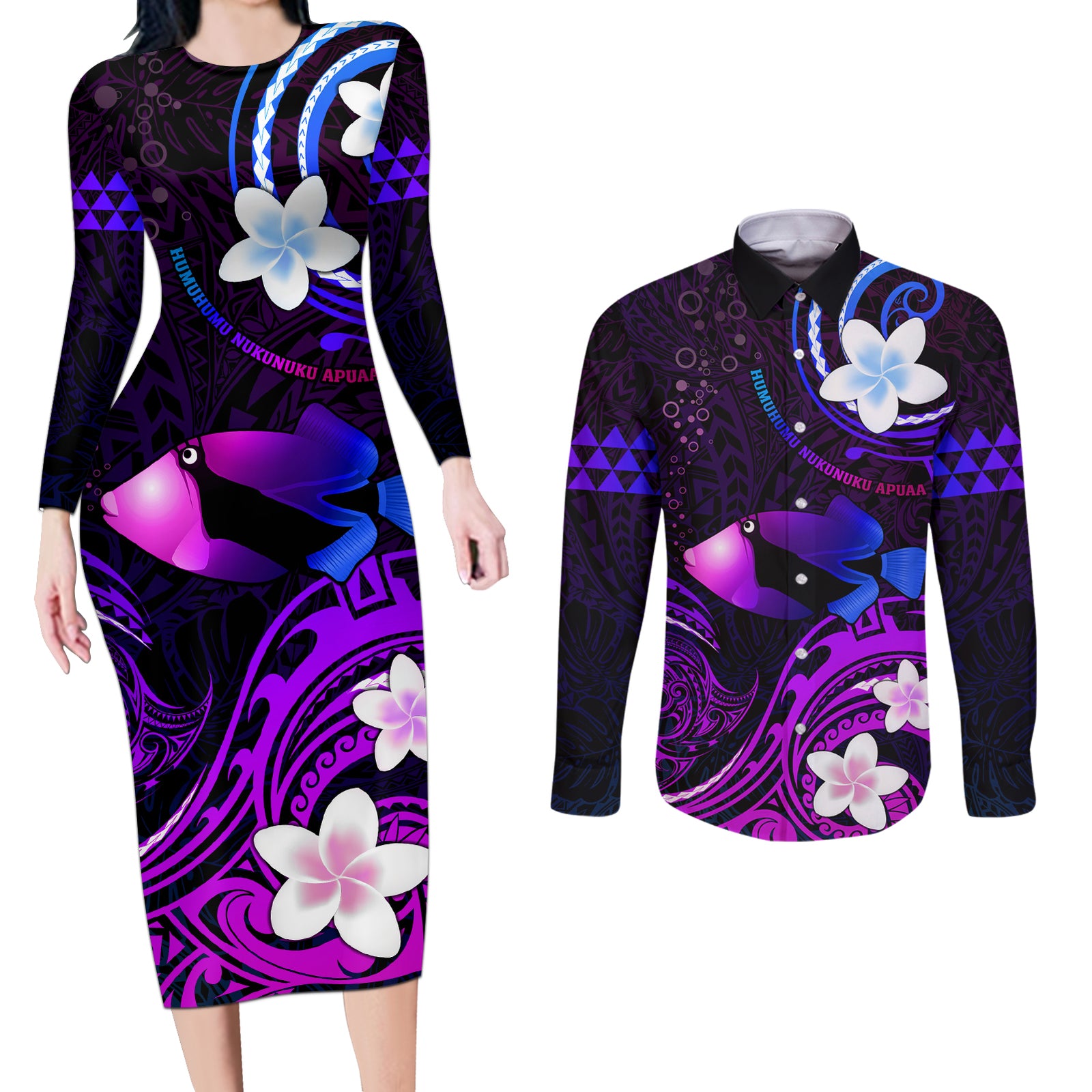 Personalised Hawaii Humuhumu Reef Triggerfish Couples Matching Long Sleeve Bodycon Dress and Long Sleeve Button Shirt Violet With Plumeria LT05 Violet - Polynesian Pride