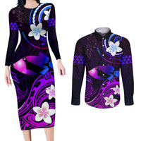 Personalised Hawaii Humuhumu Reef Triggerfish Couples Matching Long Sleeve Bodycon Dress and Long Sleeve Button Shirt Violet With Plumeria LT05 Violet - Polynesian Pride