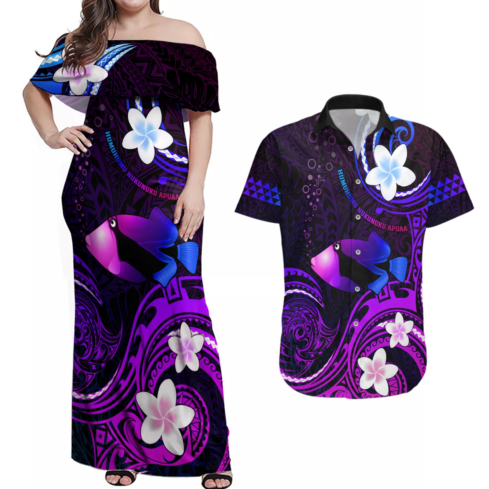 Personalised Hawaii Humuhumu Reef Triggerfish Couples Matching Off Shoulder Maxi Dress and Hawaiian Shirt Violet With Plumeria LT05 Violet - Polynesian Pride