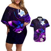 Personalised Hawaii Humuhumu Reef Triggerfish Couples Matching Off Shoulder Short Dress and Hawaiian Shirt Violet With Plumeria LT05 Violet - Polynesian Pride