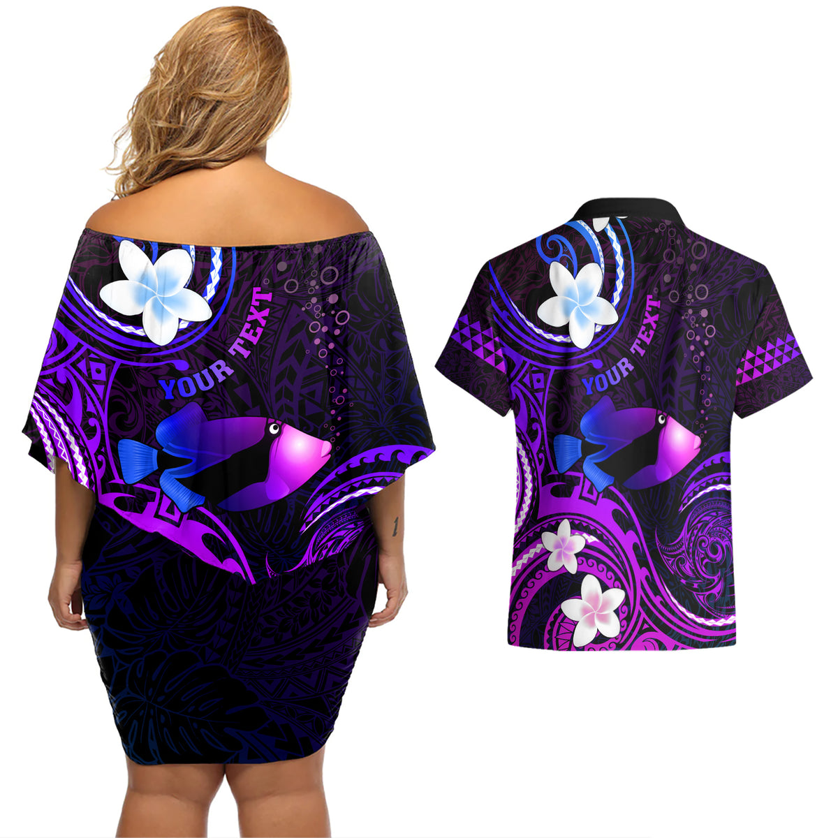 Personalised Hawaii Humuhumu Reef Triggerfish Couples Matching Off Shoulder Short Dress and Hawaiian Shirt Violet With Plumeria LT05 - Polynesian Pride