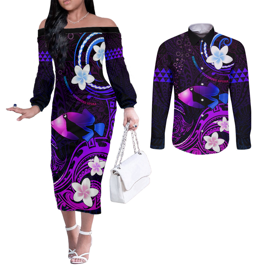 Personalised Hawaii Humuhumu Reef Triggerfish Couples Matching Off The Shoulder Long Sleeve Dress and Long Sleeve Button Shirt Violet With Plumeria LT05 Violet - Polynesian Pride