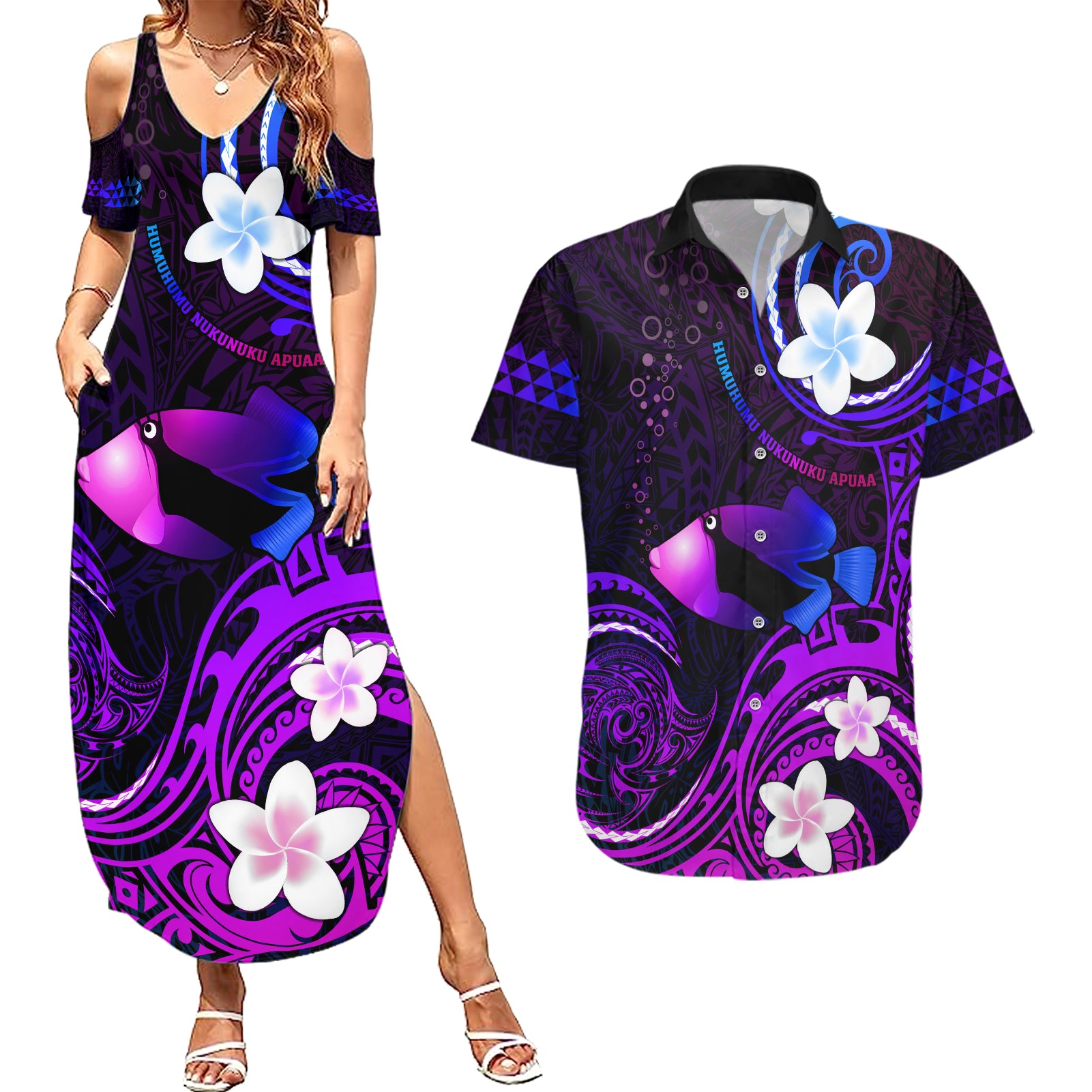 Personalised Hawaii Humuhumu Reef Triggerfish Couples Matching Summer Maxi Dress and Hawaiian Shirt Violet With Plumeria LT05 Violet - Polynesian Pride