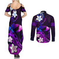 Personalised Hawaii Humuhumu Reef Triggerfish Couples Matching Summer Maxi Dress and Long Sleeve Button Shirt Violet With Plumeria LT05 - Polynesian Pride